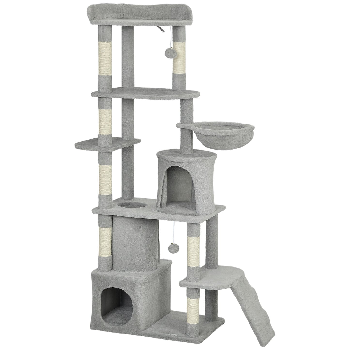 Cat Tree with Tunnel, Caves, Sisal Posts, 170 cm, Light Gray