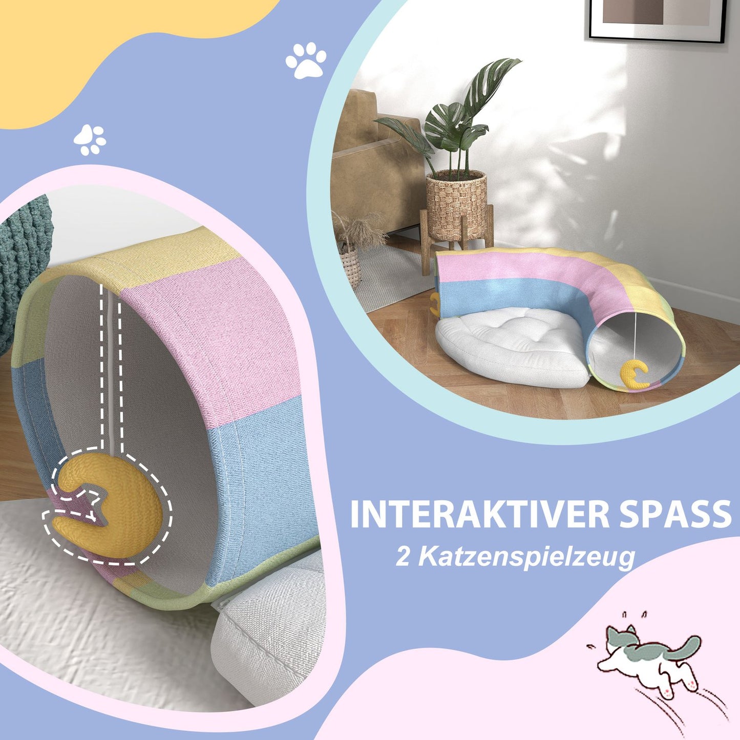 Foldable cat tunnel with cushion - durable polyester toy