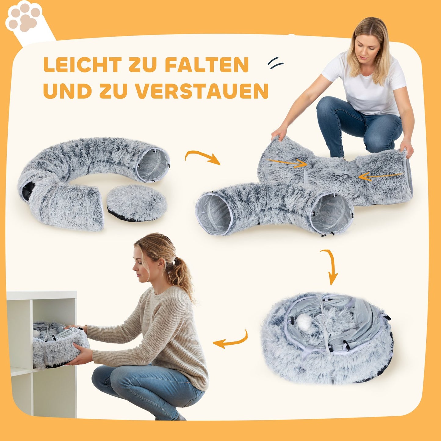 Cat Tunnel, Plush Fabric, Foldable, Metal Frame, Light Gray
