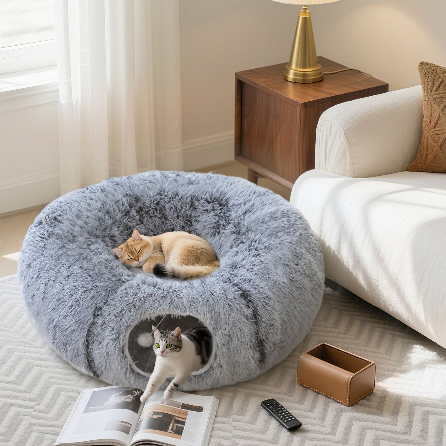 Cat Tunnel, Plush Fabric, Foldable, Metal Frame, Light Gray
