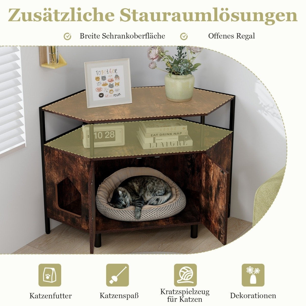 Cat cabinet cat toilet cat litter box cabinet for corner cat house with 2 doors rustic brown