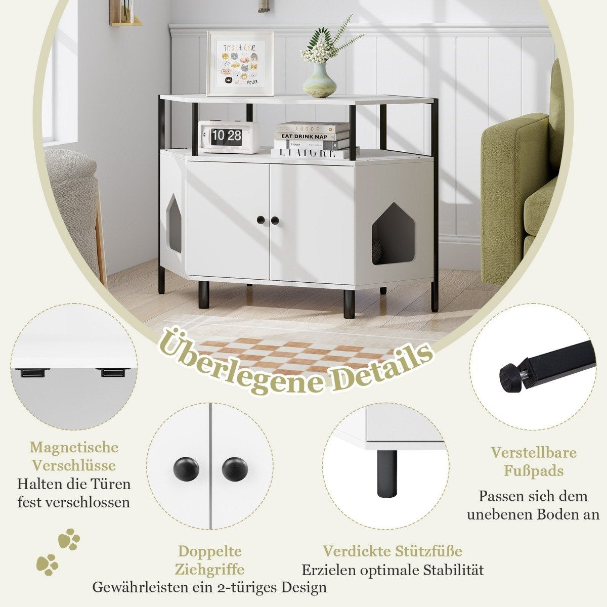 Cat cabinet cat toilet cat litter box cabinet for corner cat house with 2 doors white