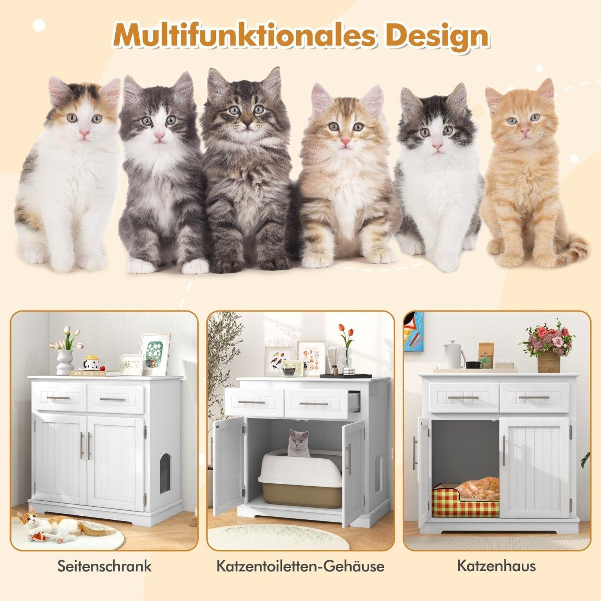 Cat cabinet for cat litter box with 2 drawers & 2 doors & entrance litter box cat house