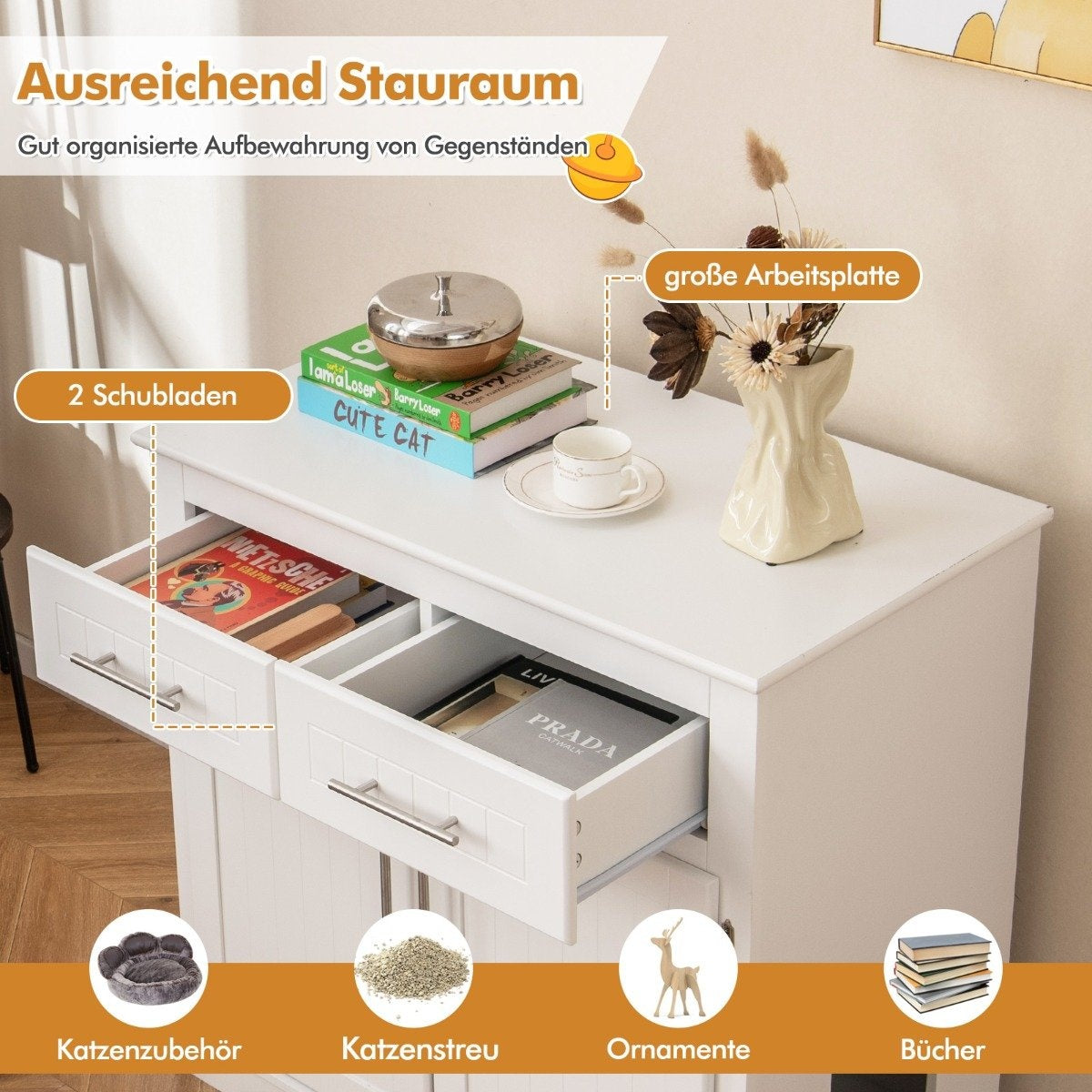 Cat cabinet for cat litter box with 2 drawers & 2 doors & entrance litter box cat house