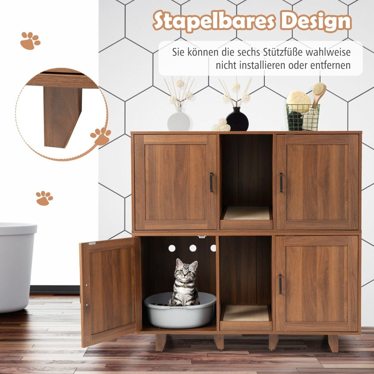Cat cabinet for cat toilet with 2 doors & scratching board & entrance 120 x 52 x 65 cm coffee