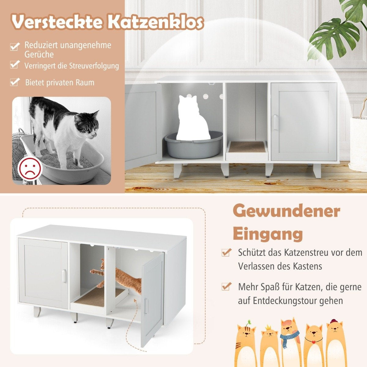 Cat cabinet for cat toilet with 2 doors & scratching board & entrance 120 x 52 x 65 cm light gray