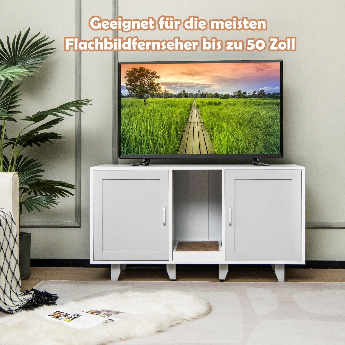 Cat cabinet for cat toilet with 2 doors & scratching board & entrance 120 x 52 x 65 cm light gray