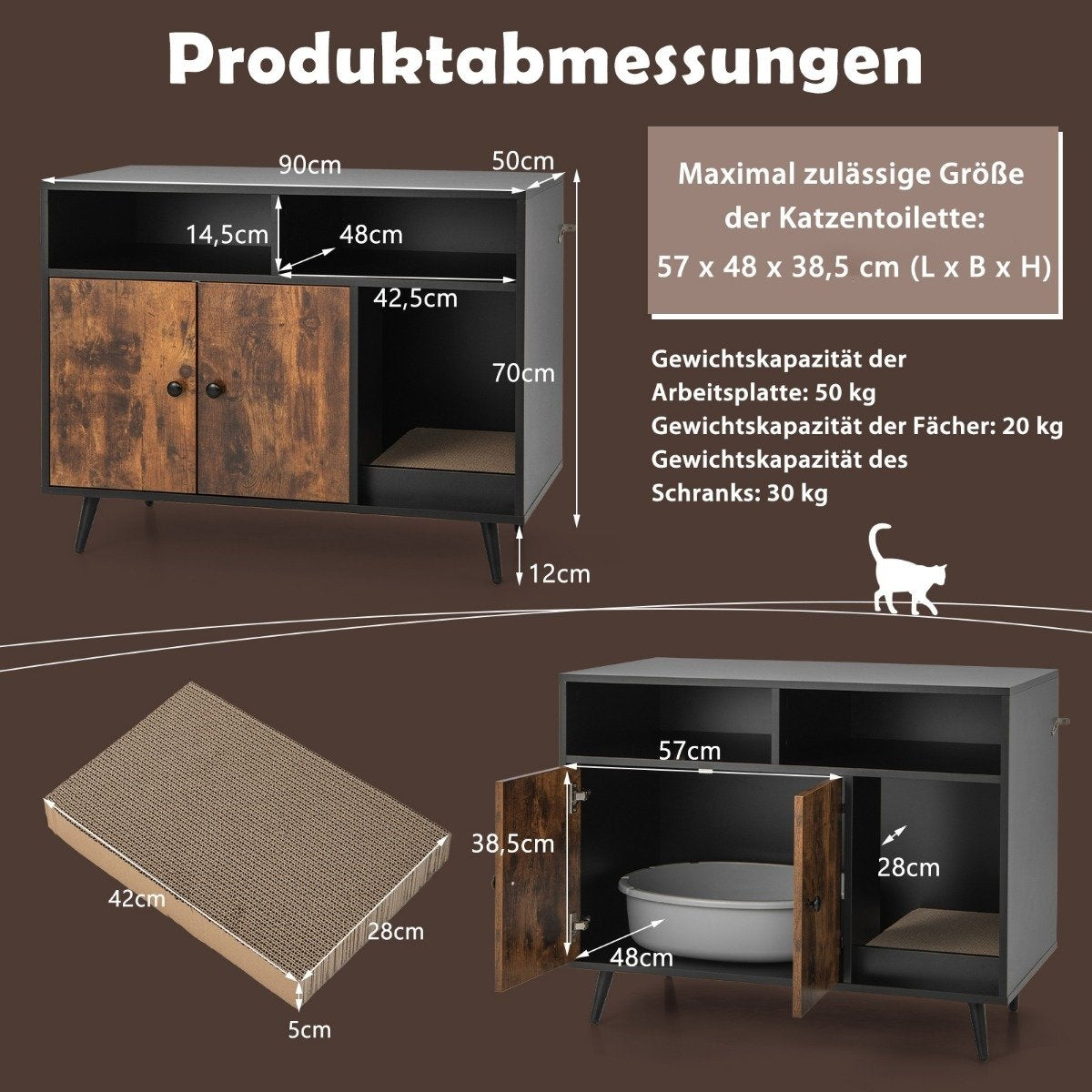 Cat cabinet with scratching pad and slanted metal legs 90 x 50 x 70 cm