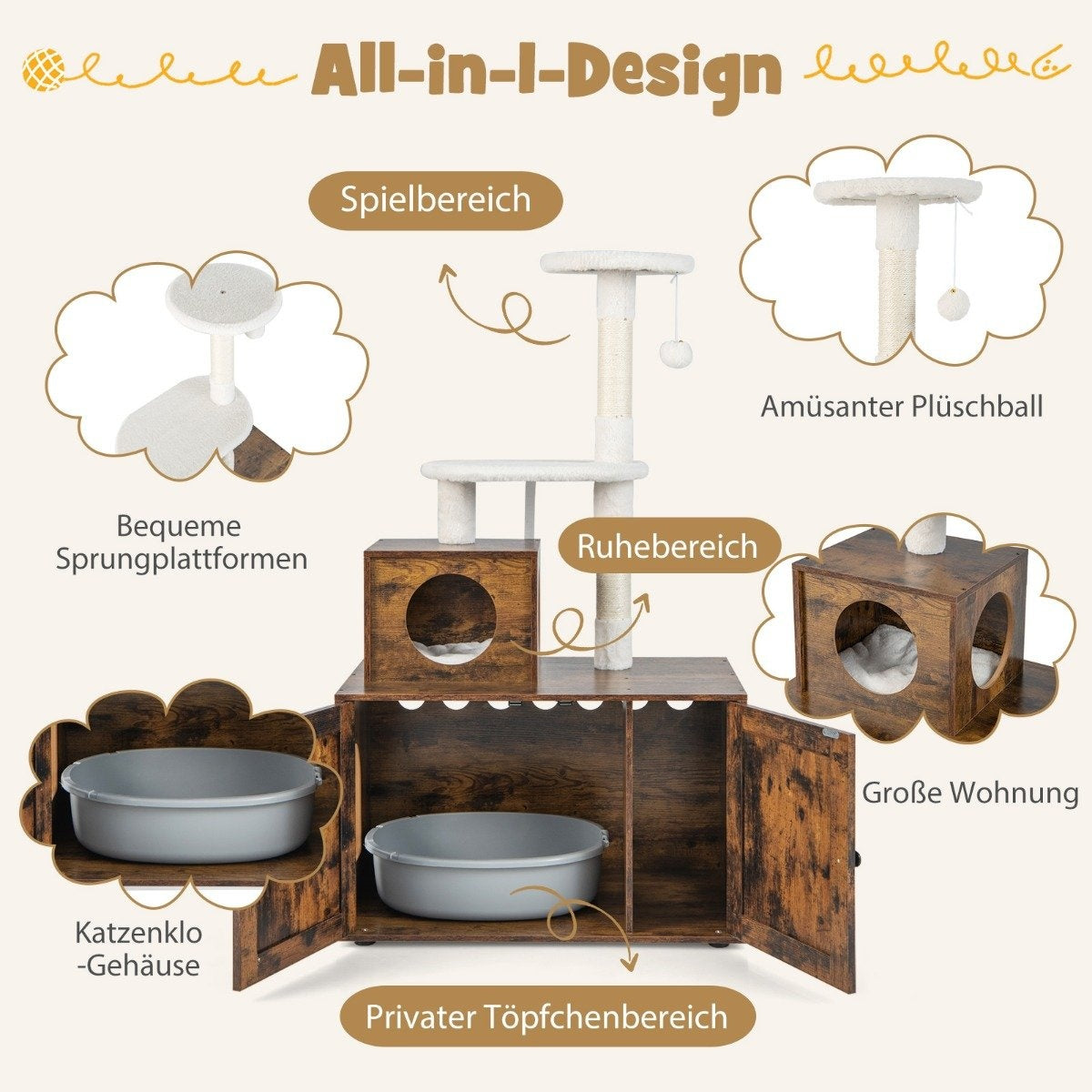 Cat cabinet with scratching post all-in-1 wooden cat house brown 77.5 x 48.5 x 132 cm