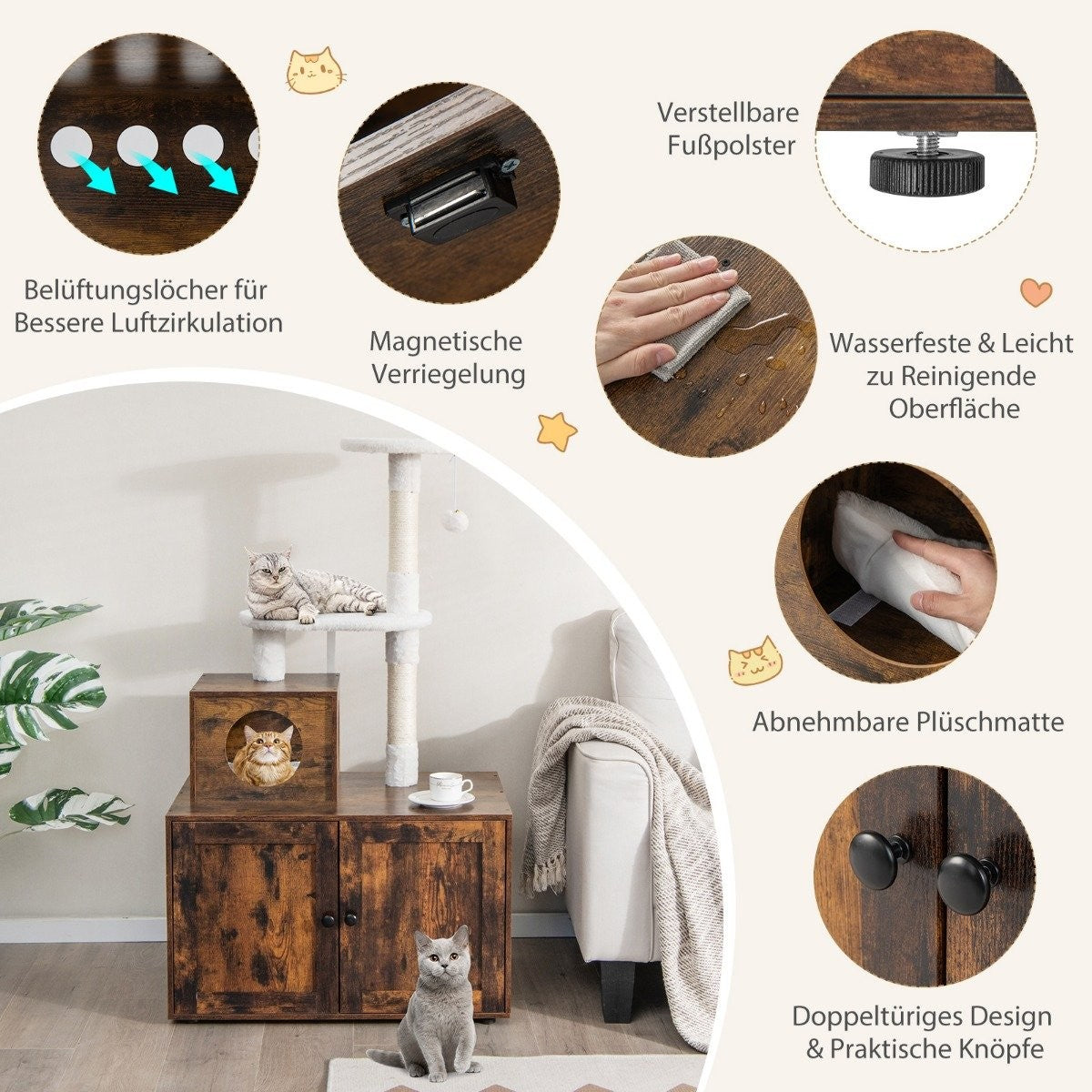 Cat cabinet with scratching post all-in-1 wooden cat house brown 77.5 x 48.5 x 132 cm