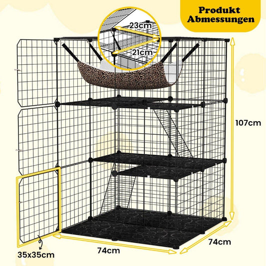 Cat cage 3-story large cat enclosure with hammock 2 ladders 3 doors & skylight 74 x 74 x 107 cm