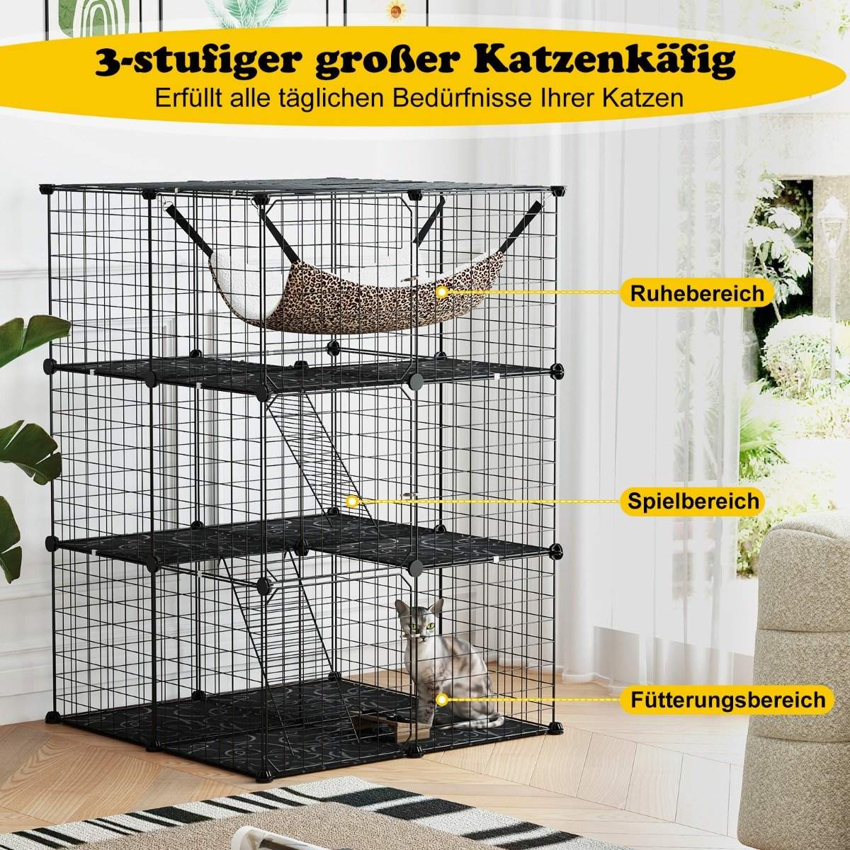 Cat cage 3-story large cat enclosure with hammock 2 ladders 3 doors & skylight 74 x 74 x 107 cm