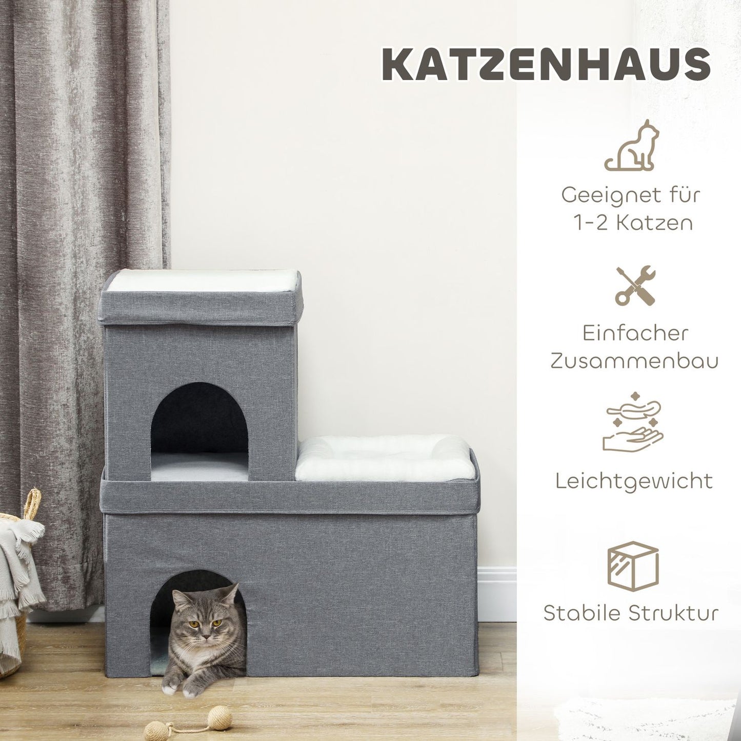 Cat house with pillow - 3 levels, grey, up to 5 kg