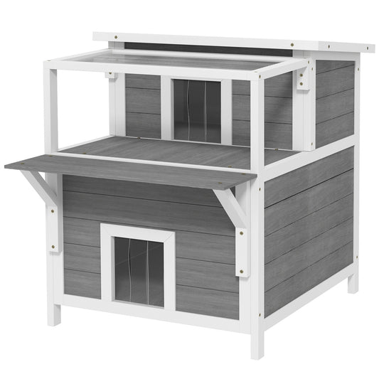Outdoor Spruce Wood Cat House with Balcony, 64 x 87 x 76 cm