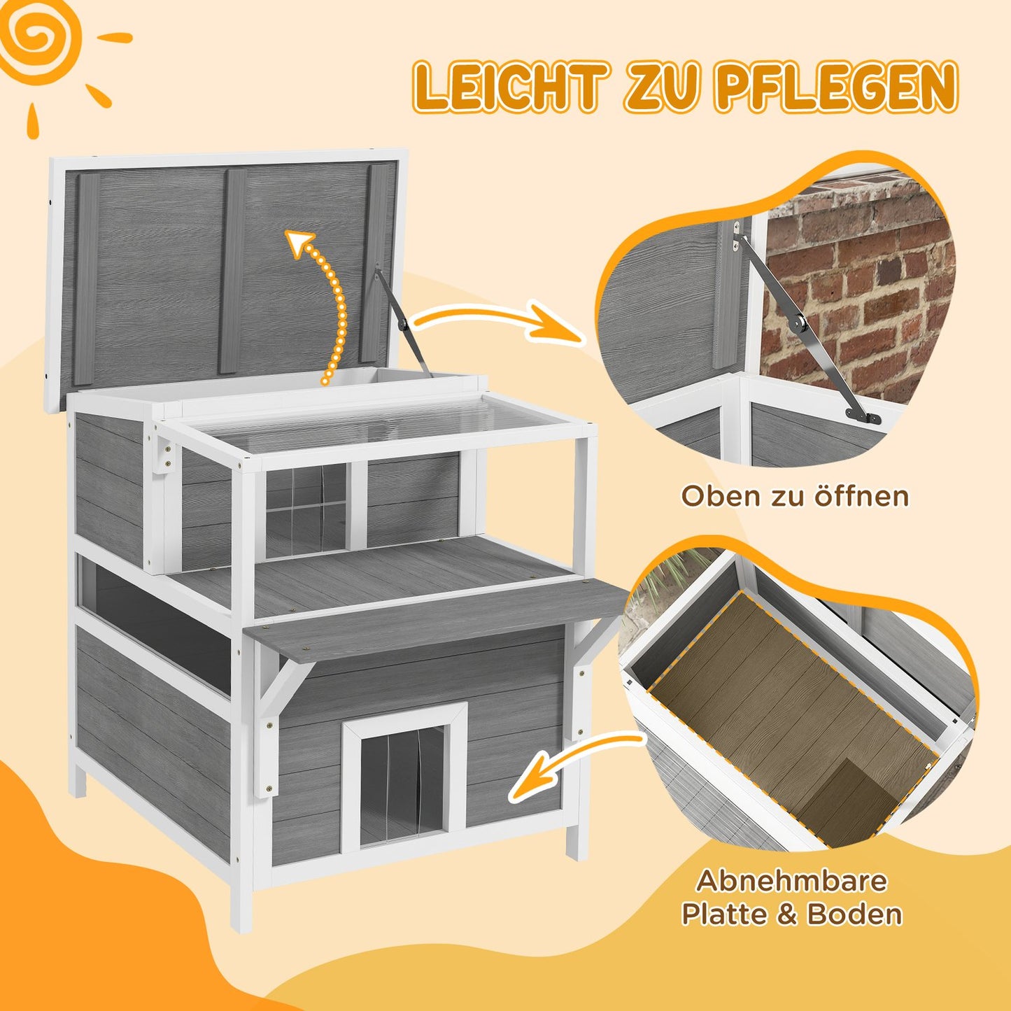 Outdoor Spruce Wood Cat House with Balcony, 64 x 87 x 76 cm