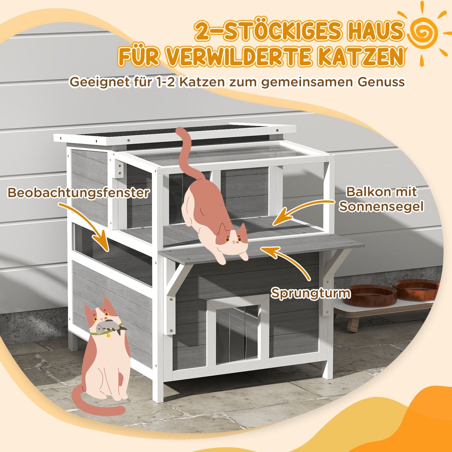 Outdoor Spruce Wood Cat House with Balcony, 64 x 87 x 76 cm
