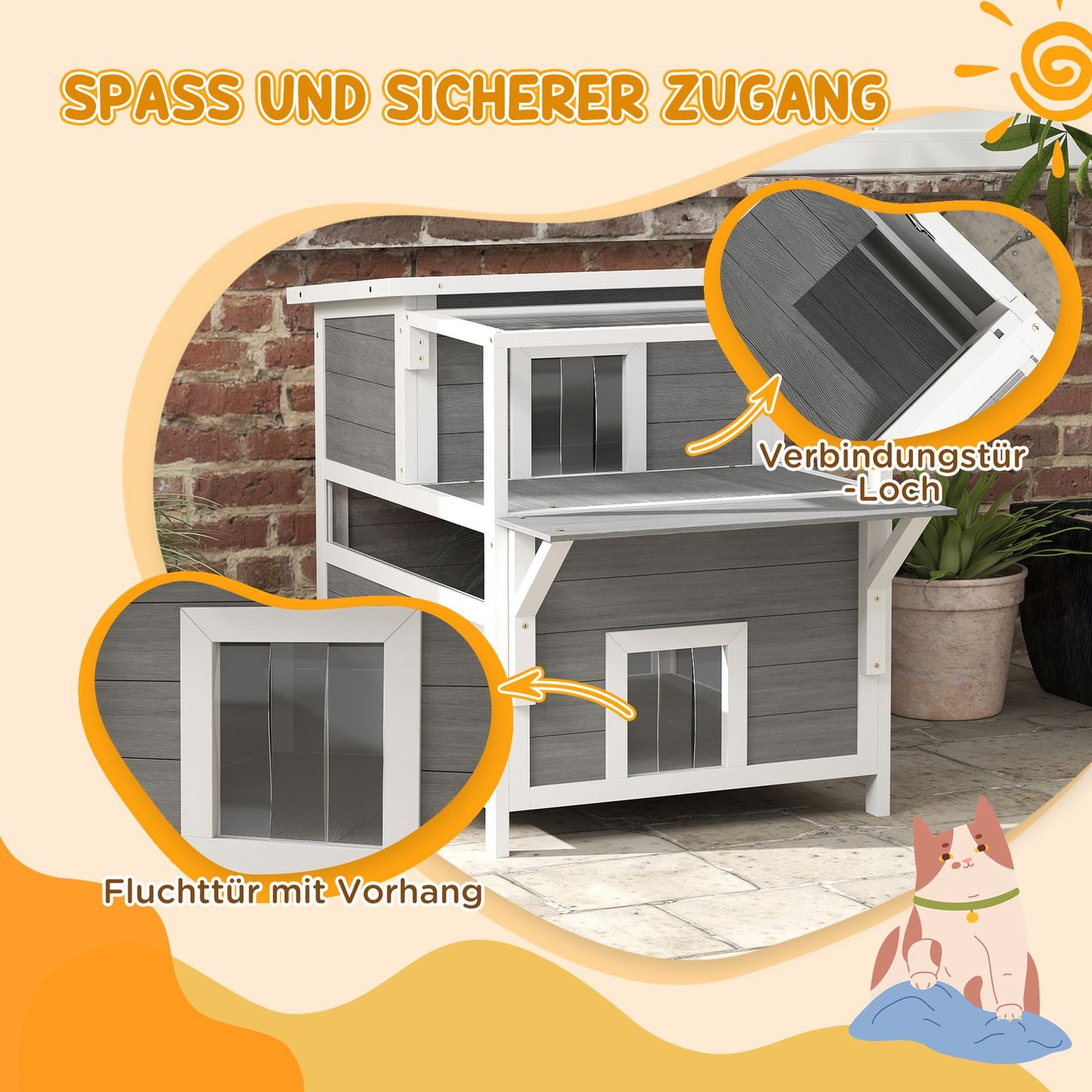 Outdoor Spruce Wood Cat House with Balcony, 64 x 87 x 76 cm