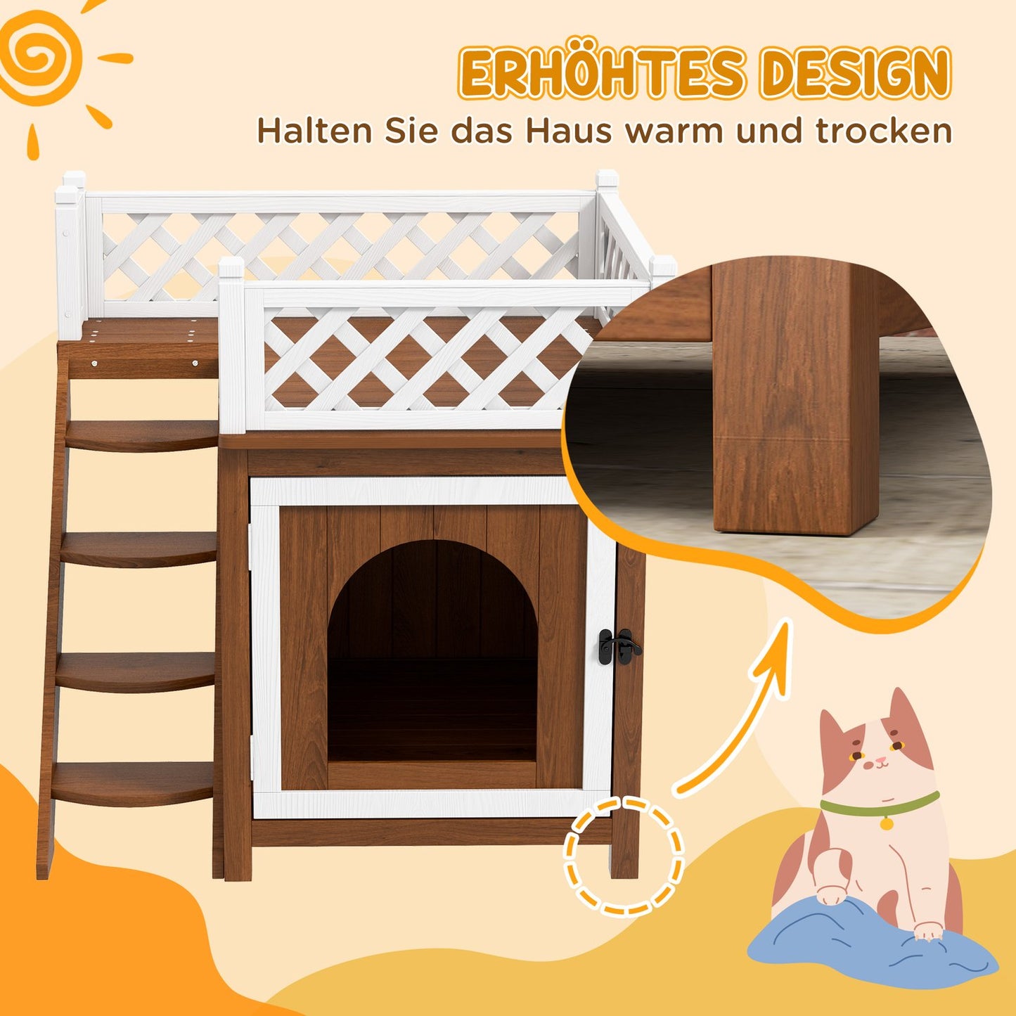 Cat house with balcony and stairs - spruce wood, up to 6 kg