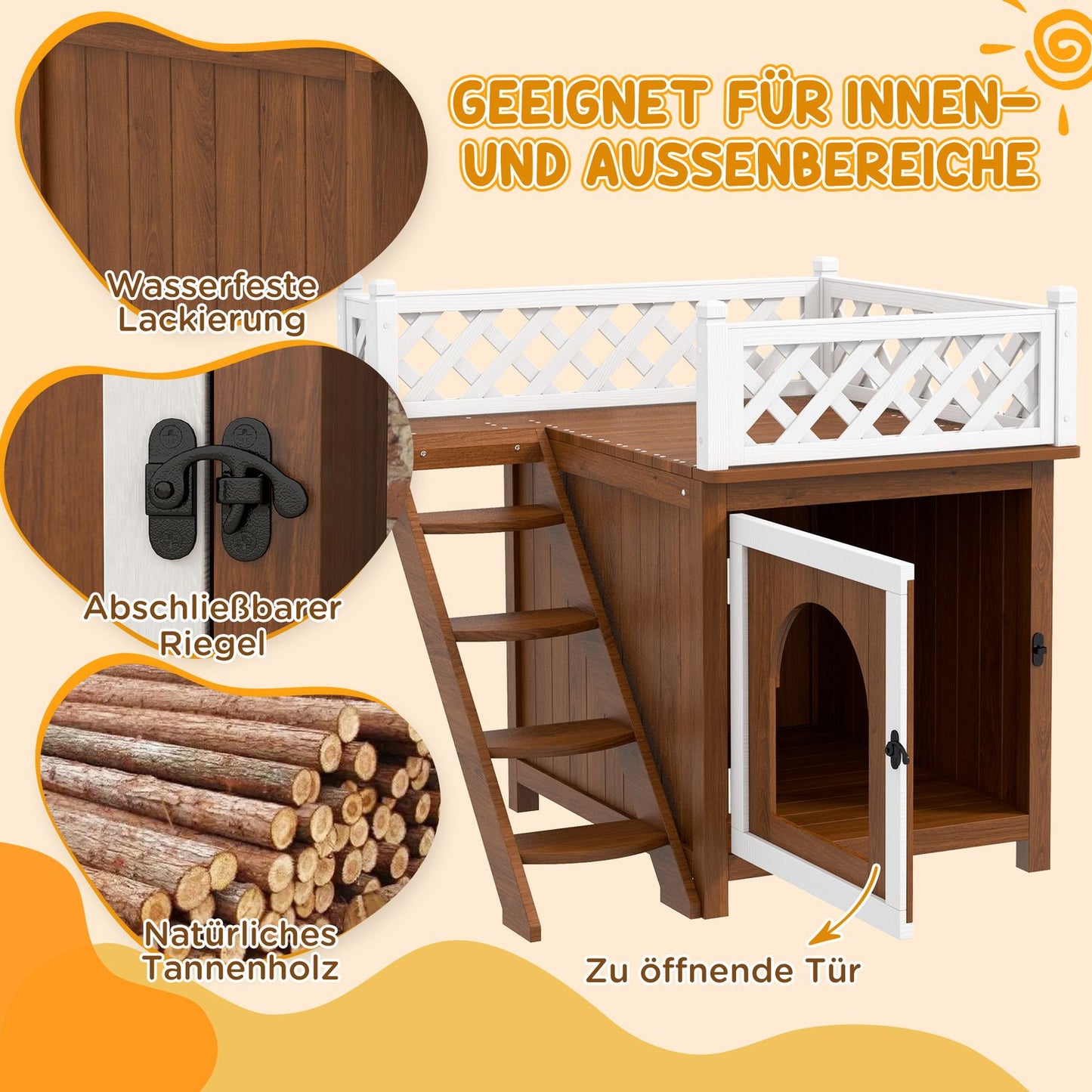 Cat house with balcony and stairs - spruce wood, up to 6 kg