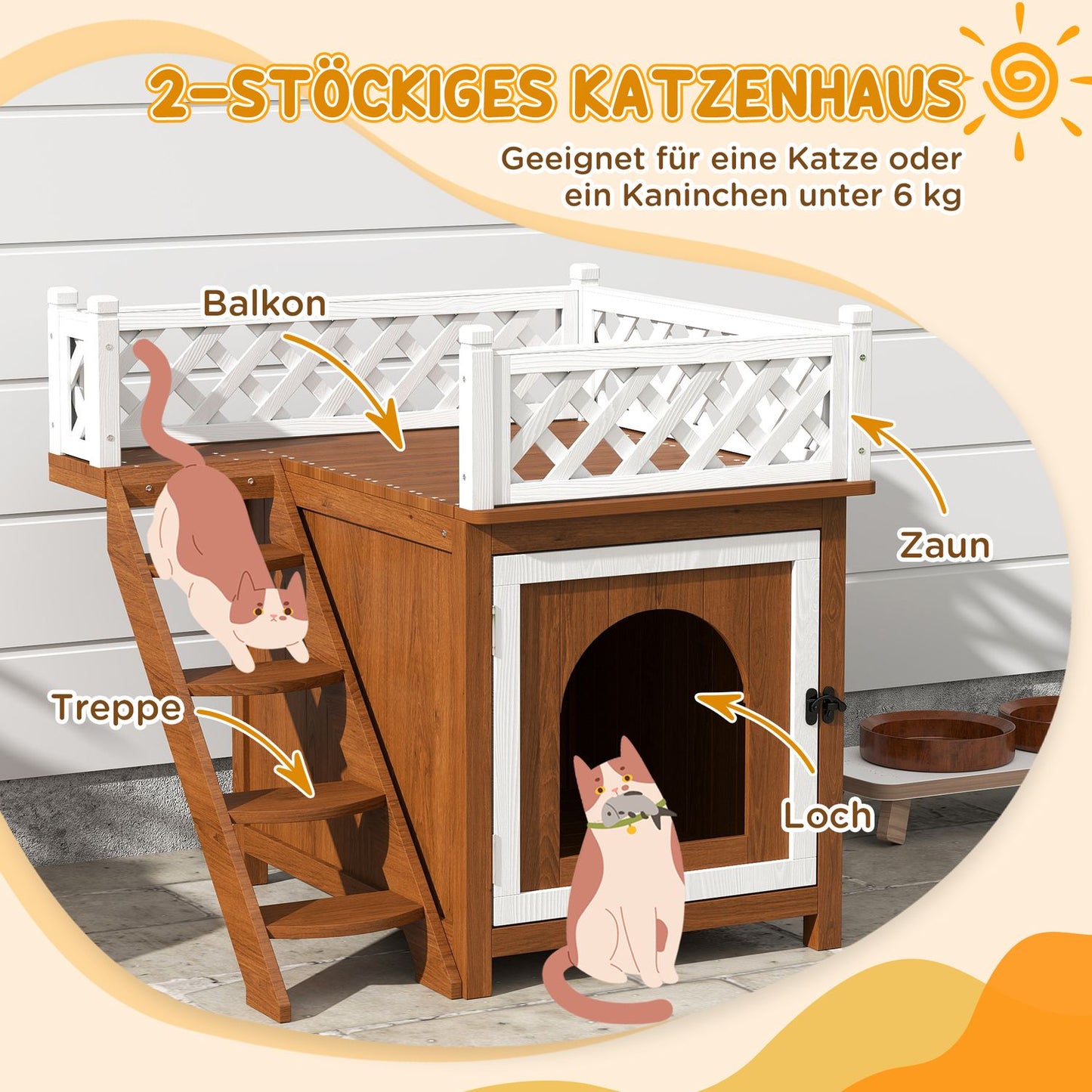 Cat house with balcony and stairs - spruce wood, up to 6 kg
