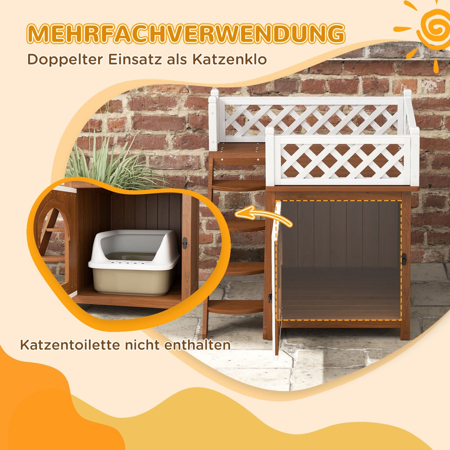 Cat house with balcony and stairs - spruce wood, up to 6 kg