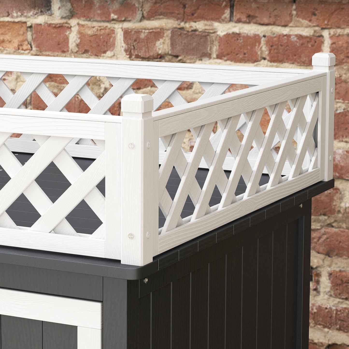 Gray spruce Wood Cat House with balcony and stairs, indoor/outdoor