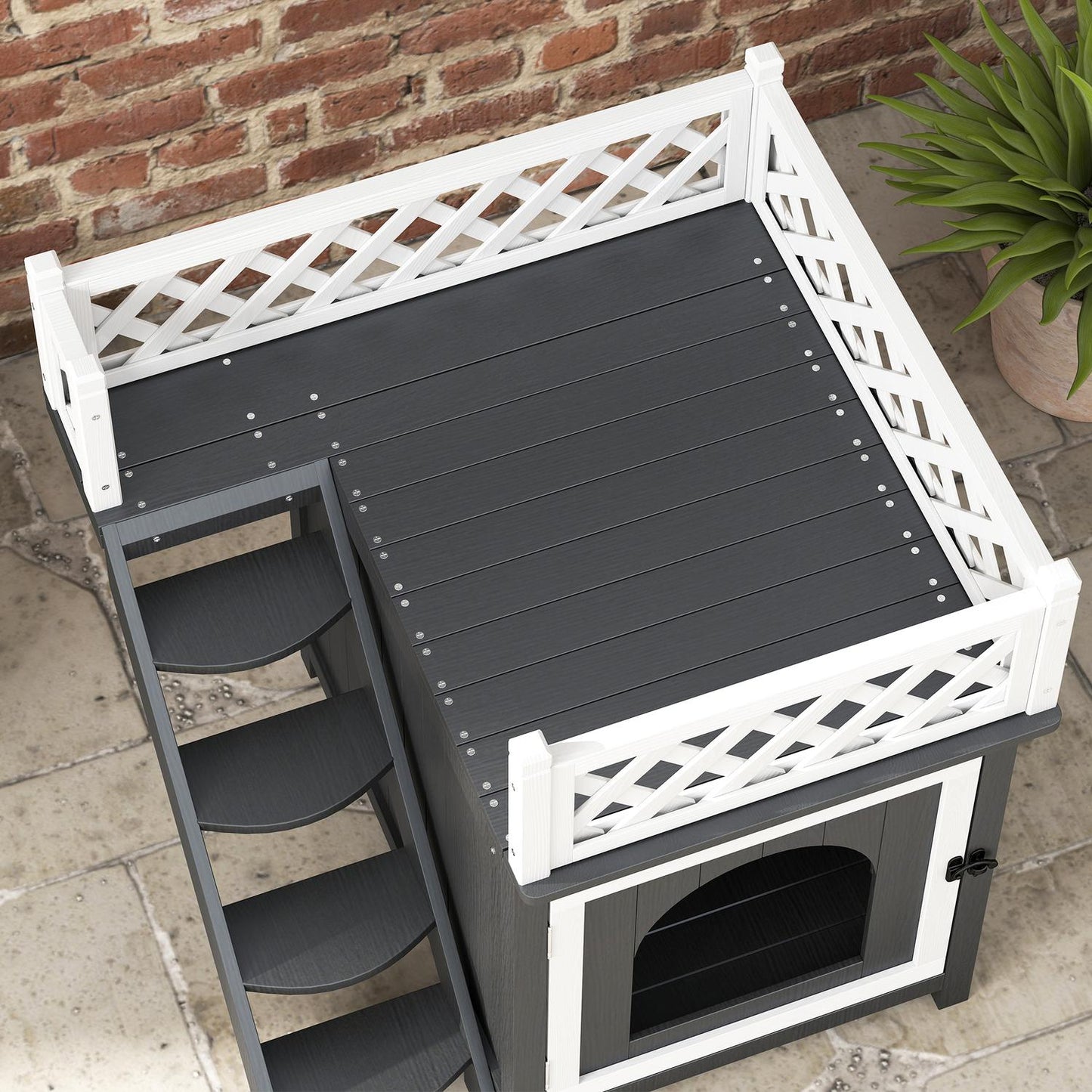 Gray spruce Wood Cat House with balcony and stairs, indoor/outdoor