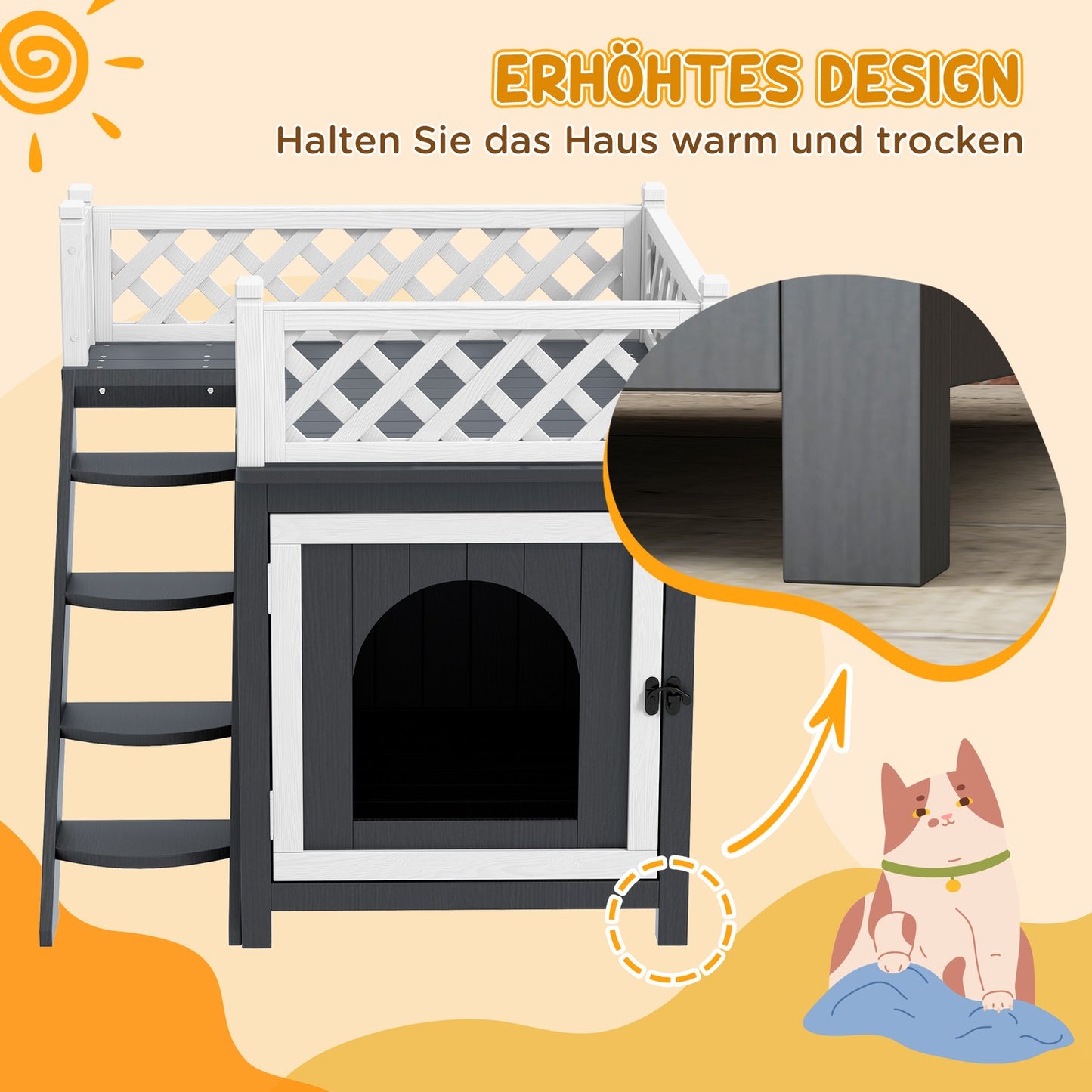 Gray spruce Wood Cat House with balcony and stairs, indoor/outdoor