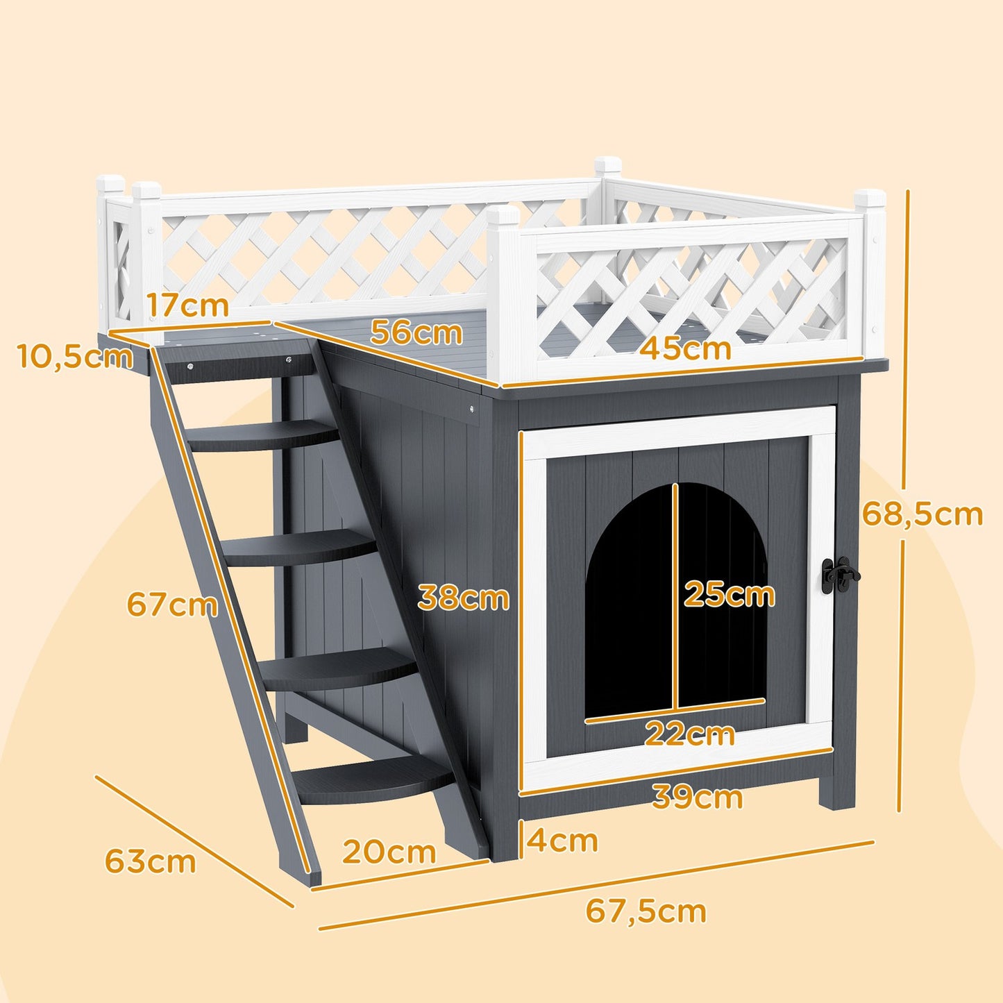 Gray spruce Wood Cat House with balcony and stairs, indoor/outdoor