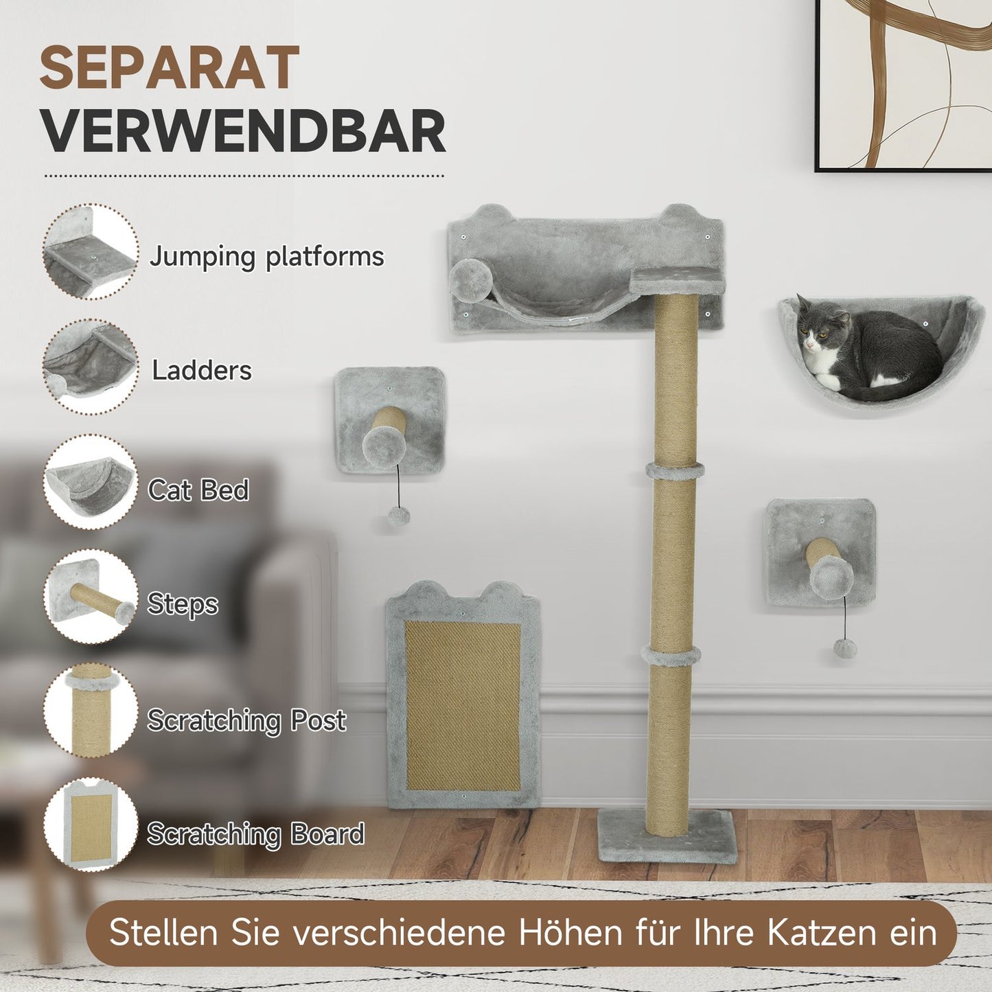 Cat Climbing Wall Set - 5 pcs, scratching posts & hammock