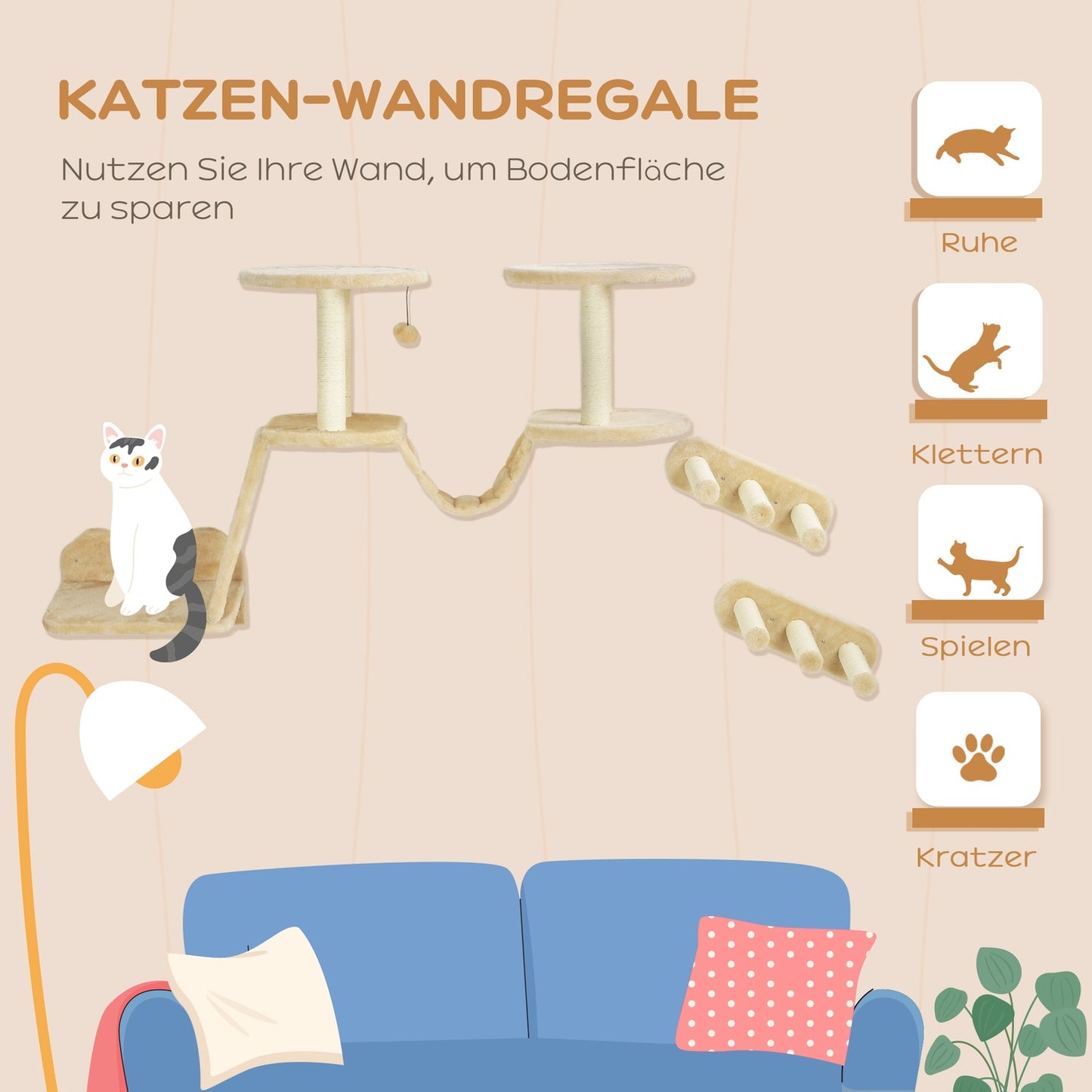 Cat climbing wall set with scratching post, sisal, beige