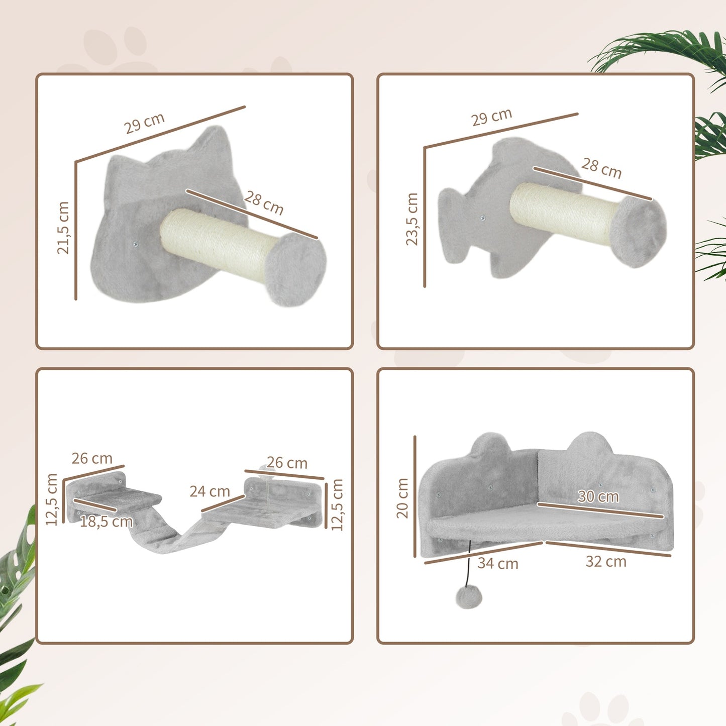 Cat Climbing Wall Set, 4-piece with steps and sisal poles