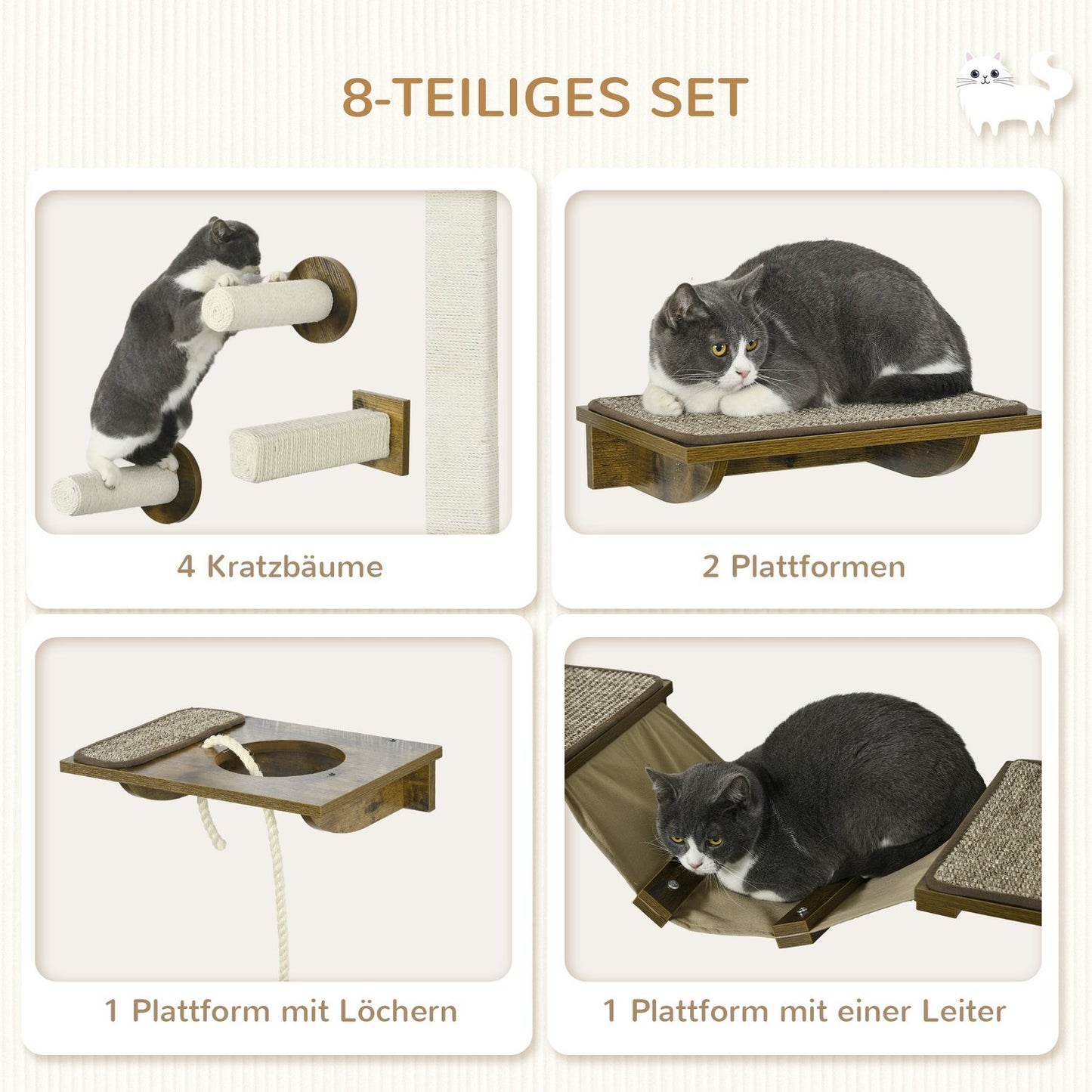 Cat Wall Climbing Set, 8 Piece Furniture with Sisal Scratcher