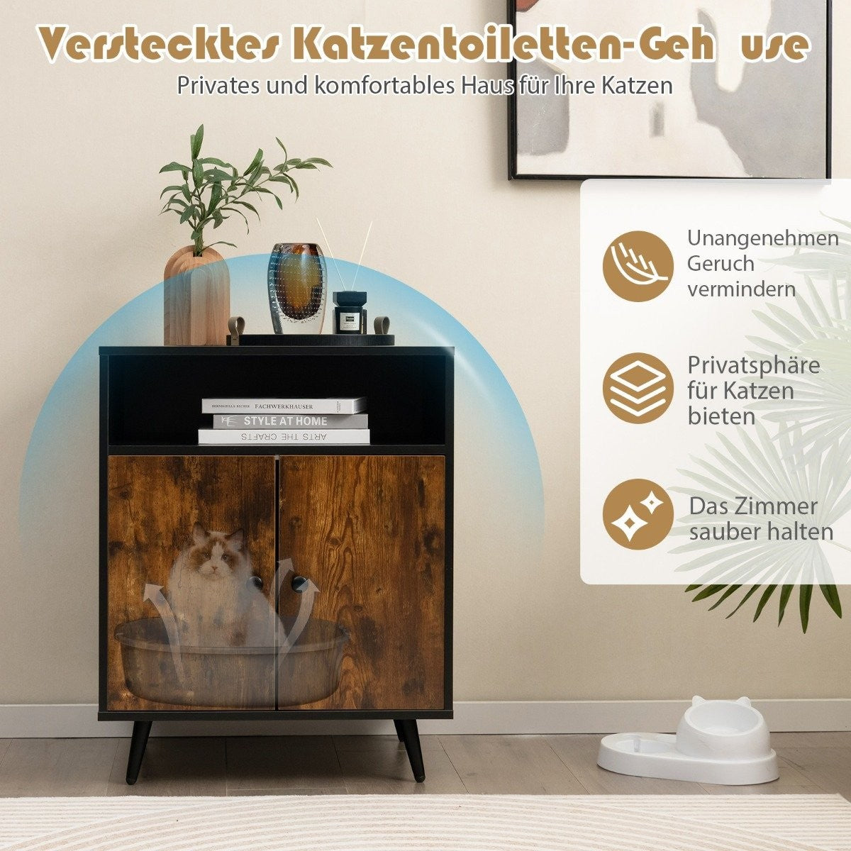 Cat cupboard cat toilet cat house with double doors & entrance 60 x 45 x 75 cm black + natural