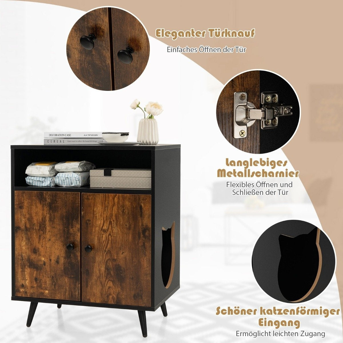 Cat cupboard cat toilet cat house with double doors & entrance 60 x 45 x 75 cm black + natural