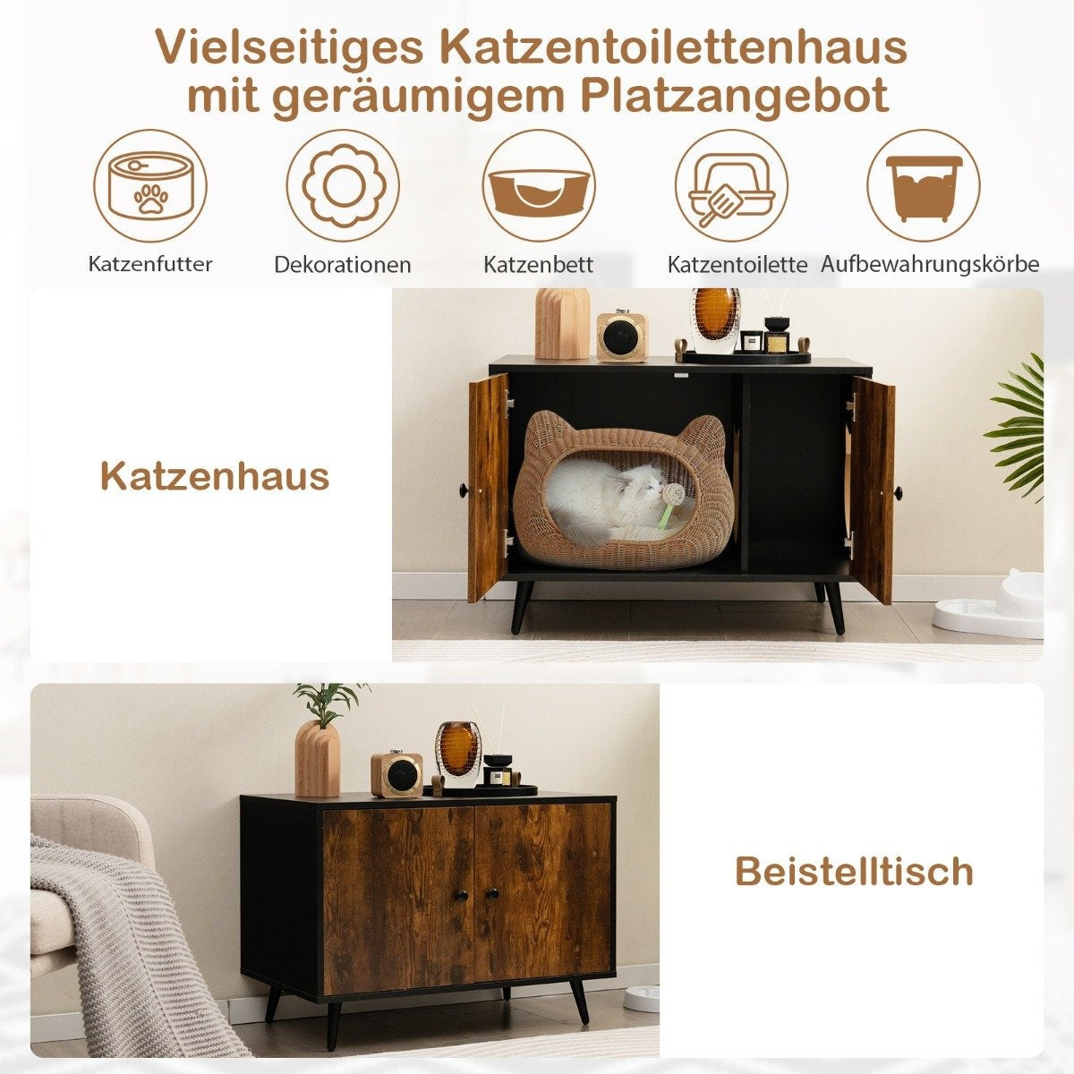 Cat cupboard cat toilet cat house with double doors & entrance 80 x 50 x 57 cm black + natural