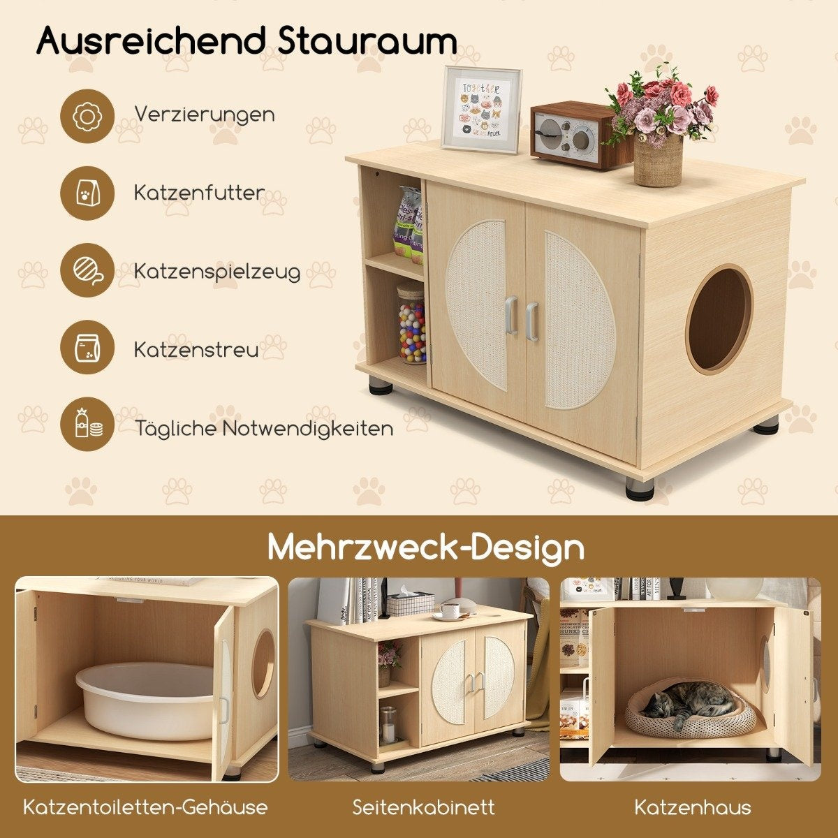 Cat cupboard for cat toilet with sisal scratching doors & cat hole cat toilet cupboard 82 x 48 x 52 cm