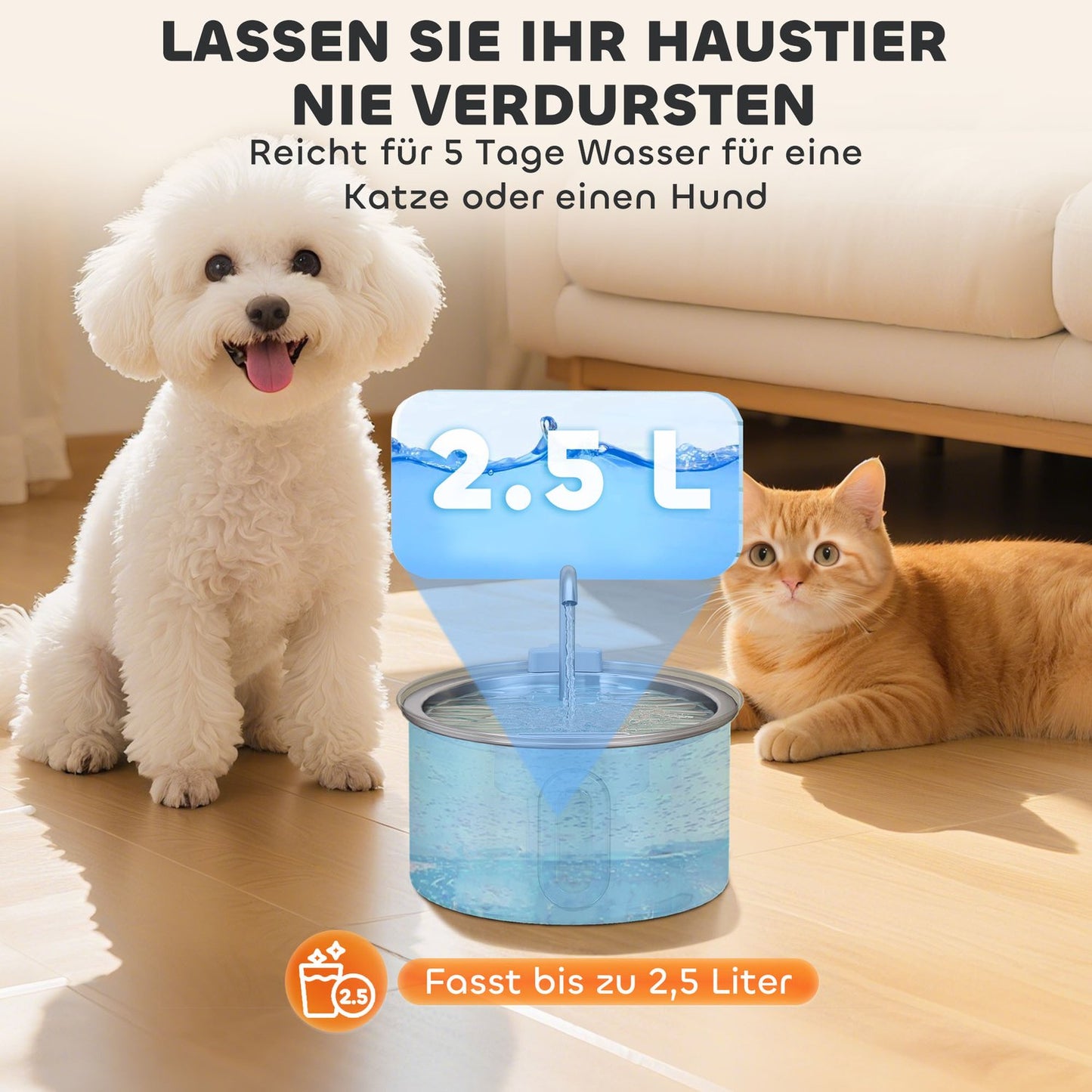 Cat Water Fountain, 2.5L Stainless Steel, Quiet Pump