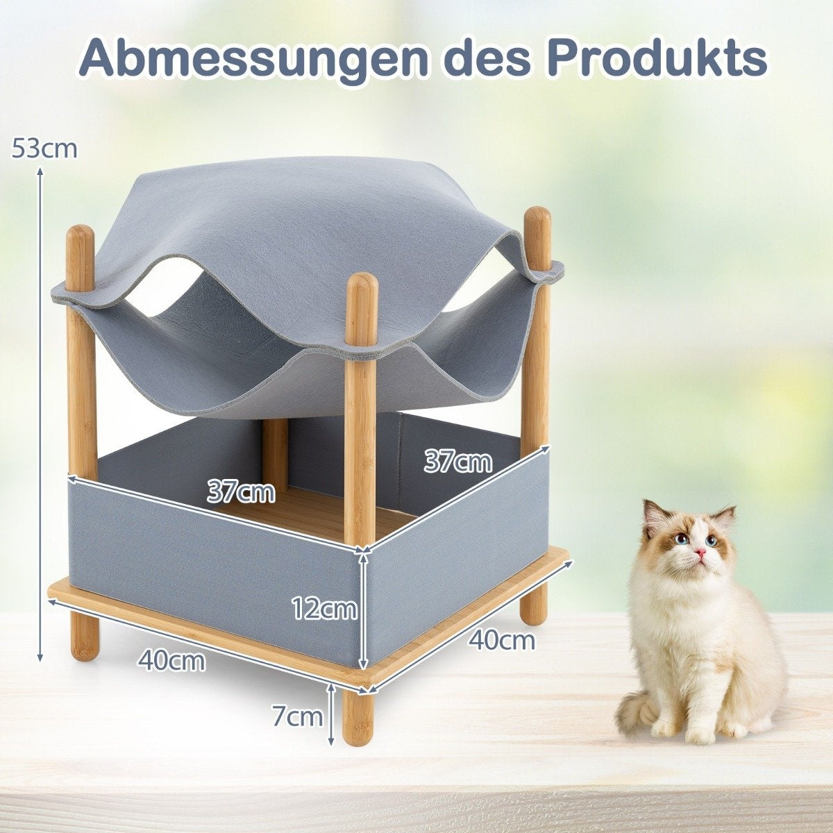 Cat house 2 levels bamboo raised cat bed with storage space 40 x 40 x 53 cm natural + gray
