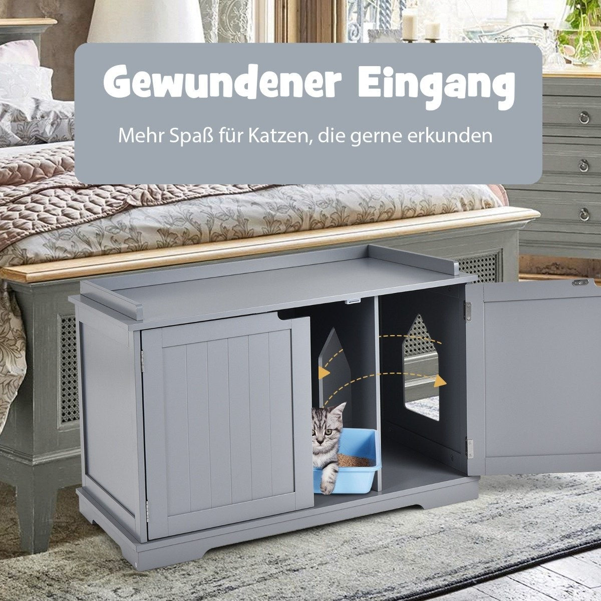 Cat house with bed indoor cat house closed litter box with entrance gray