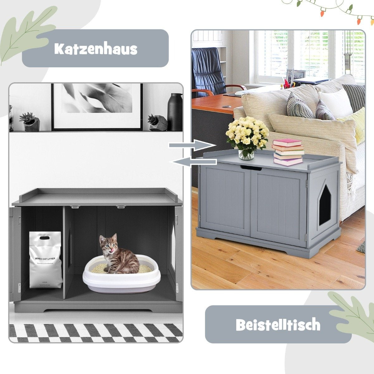Cat house with bed indoor cat house closed litter box with entrance gray