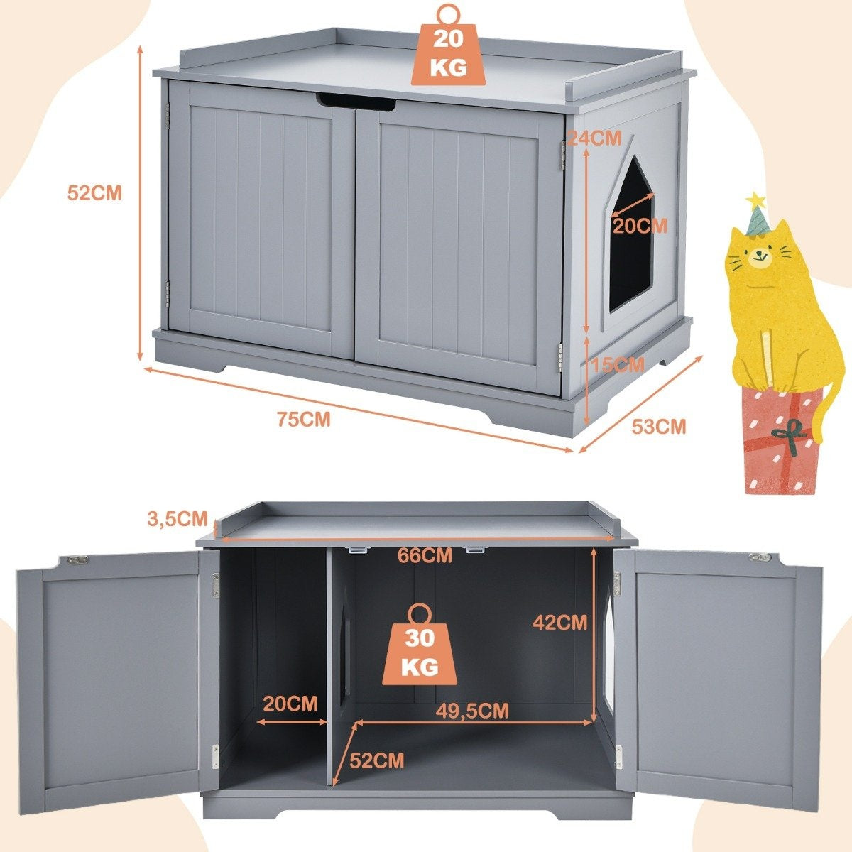 Cat house with bed indoor cat house closed litter box with entrance gray