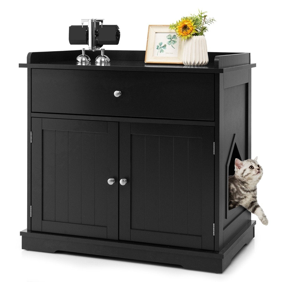 Cat house with drawer and 2 doors 3-in-1 cat house cat litter box side table black