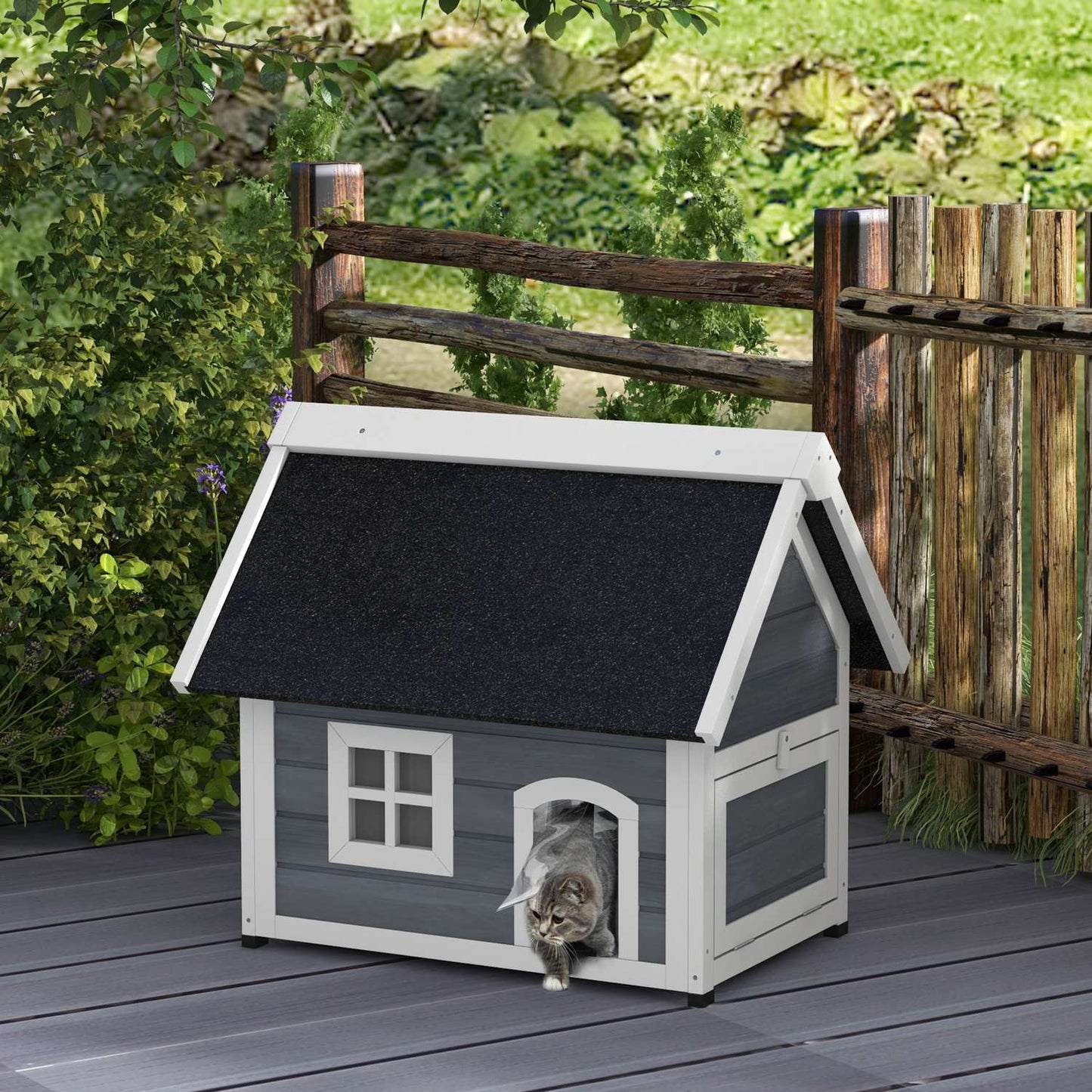 Wooden cat house, weatherproof, hinged roof, gray