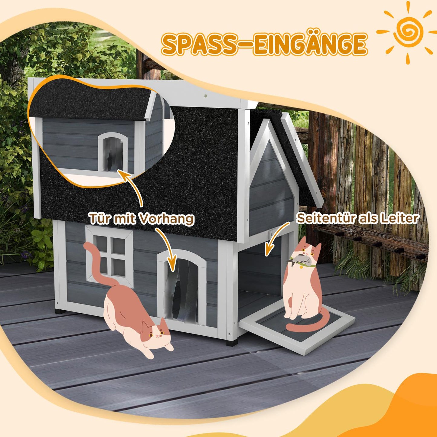 Wooden cat house, weatherproof, hinged roof, gray