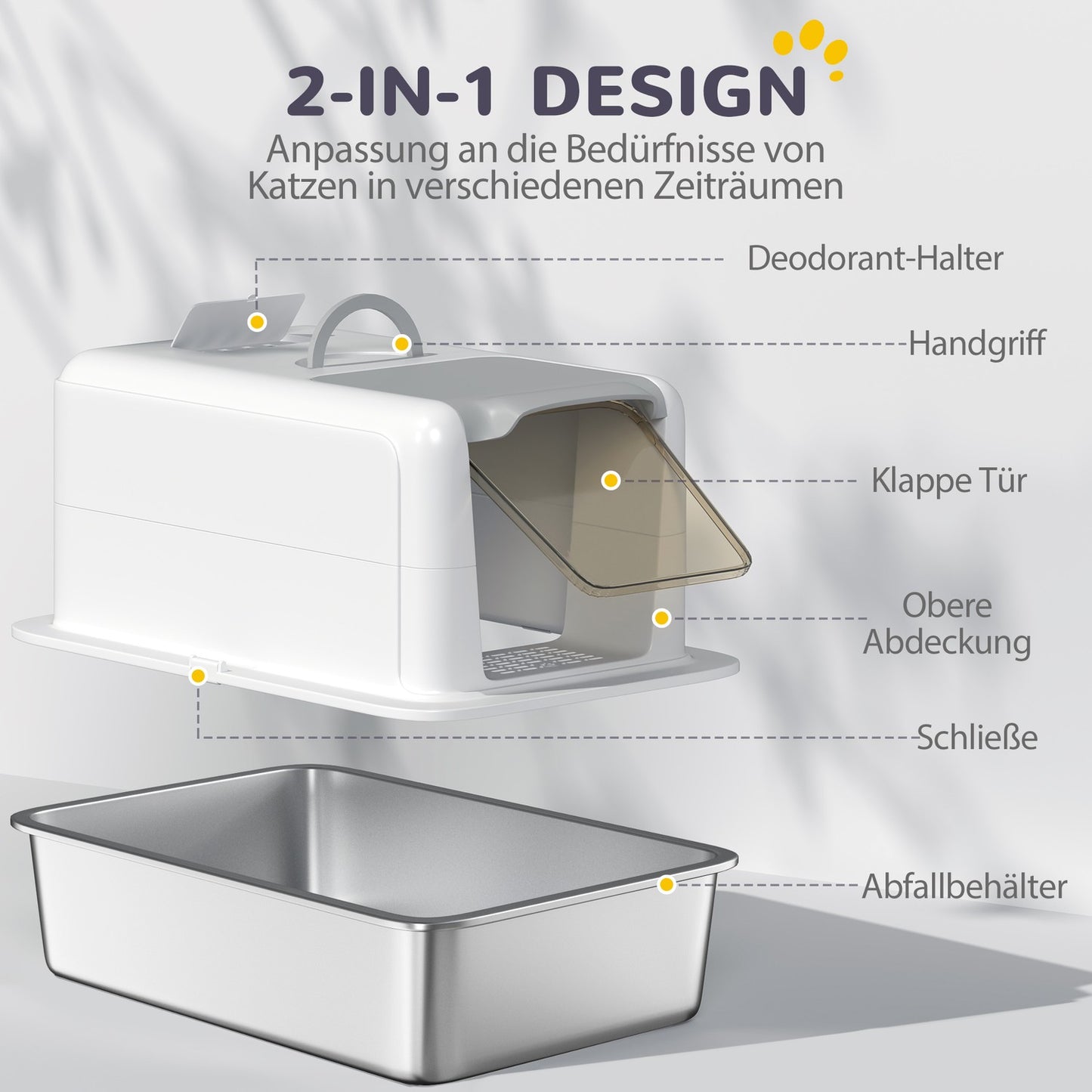 Cat litter with lid, stainless steel compartment, white