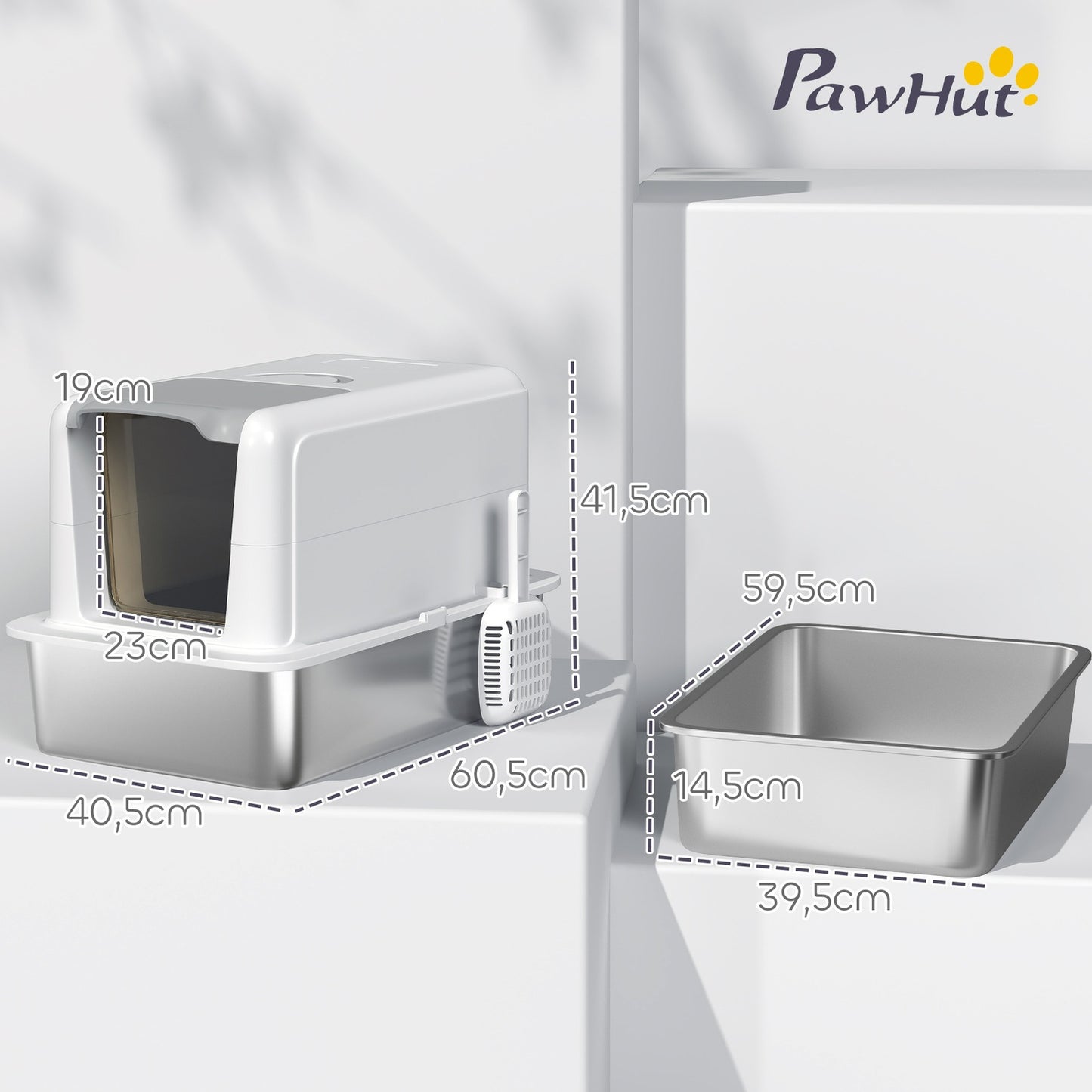 Cat litter with lid, stainless steel compartment, white