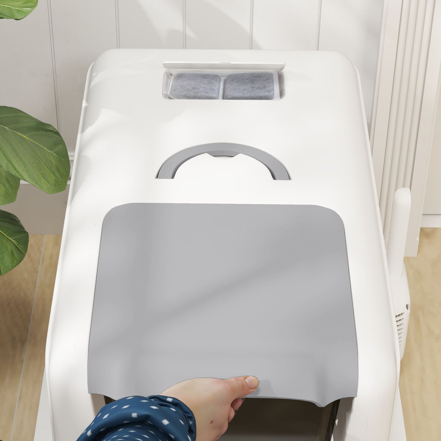 Cat litter with lid, stainless steel compartment, white