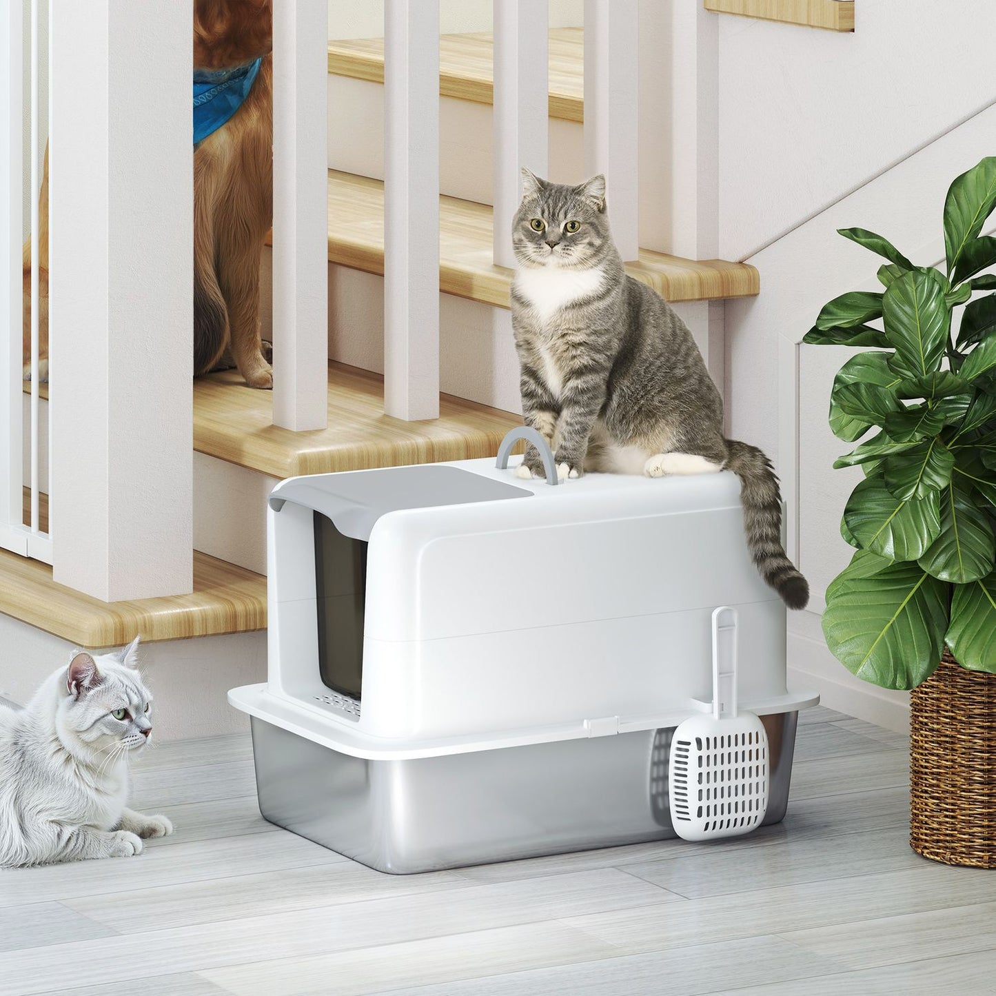 Cat litter with lid, stainless steel compartment, white
