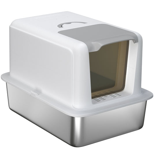 Cat litter with lid, stainless steel compartment, white